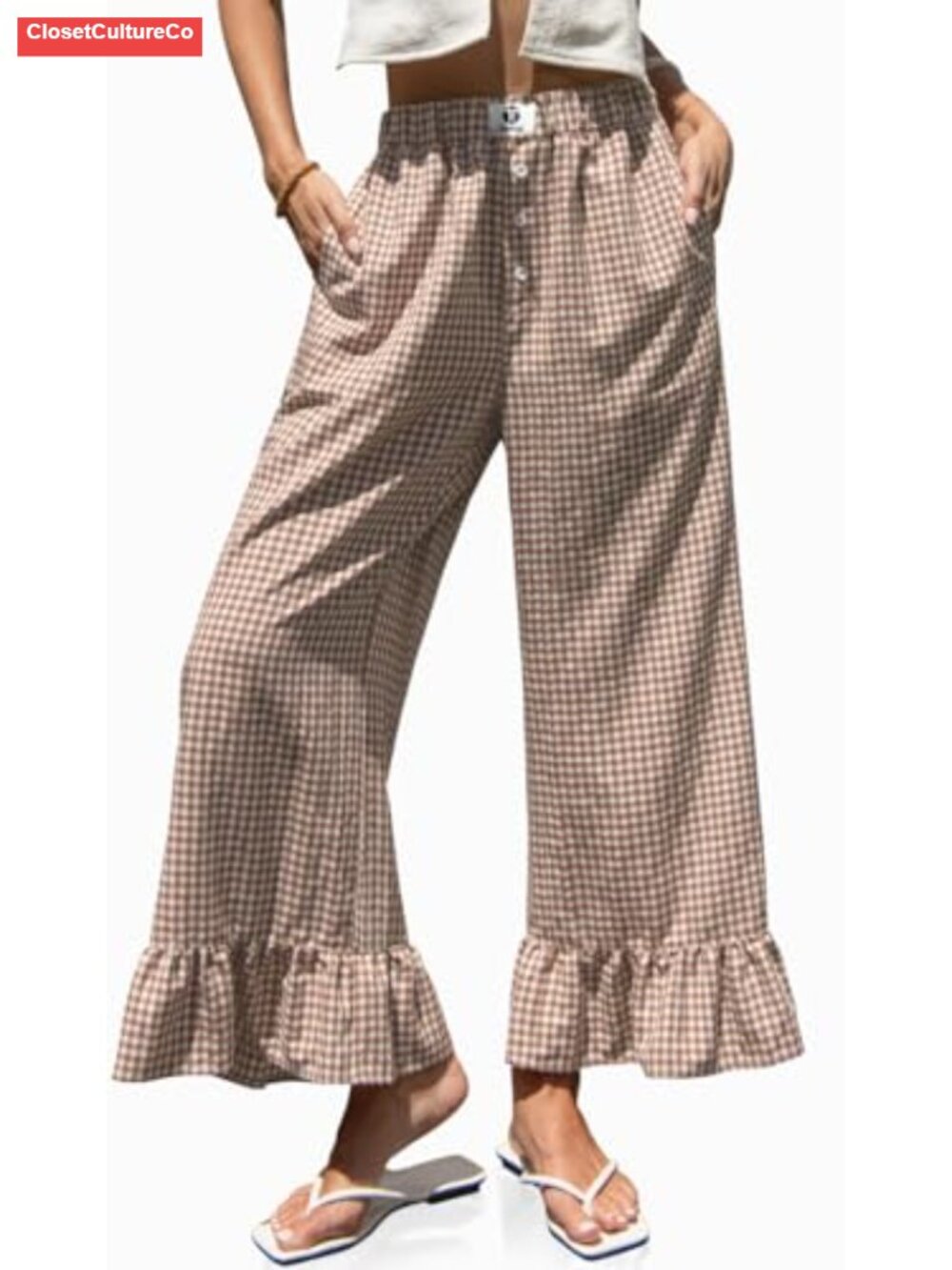 Gingham Wide Leg Ruffle Hem Pants High Waist Linen-Blend Trousers
